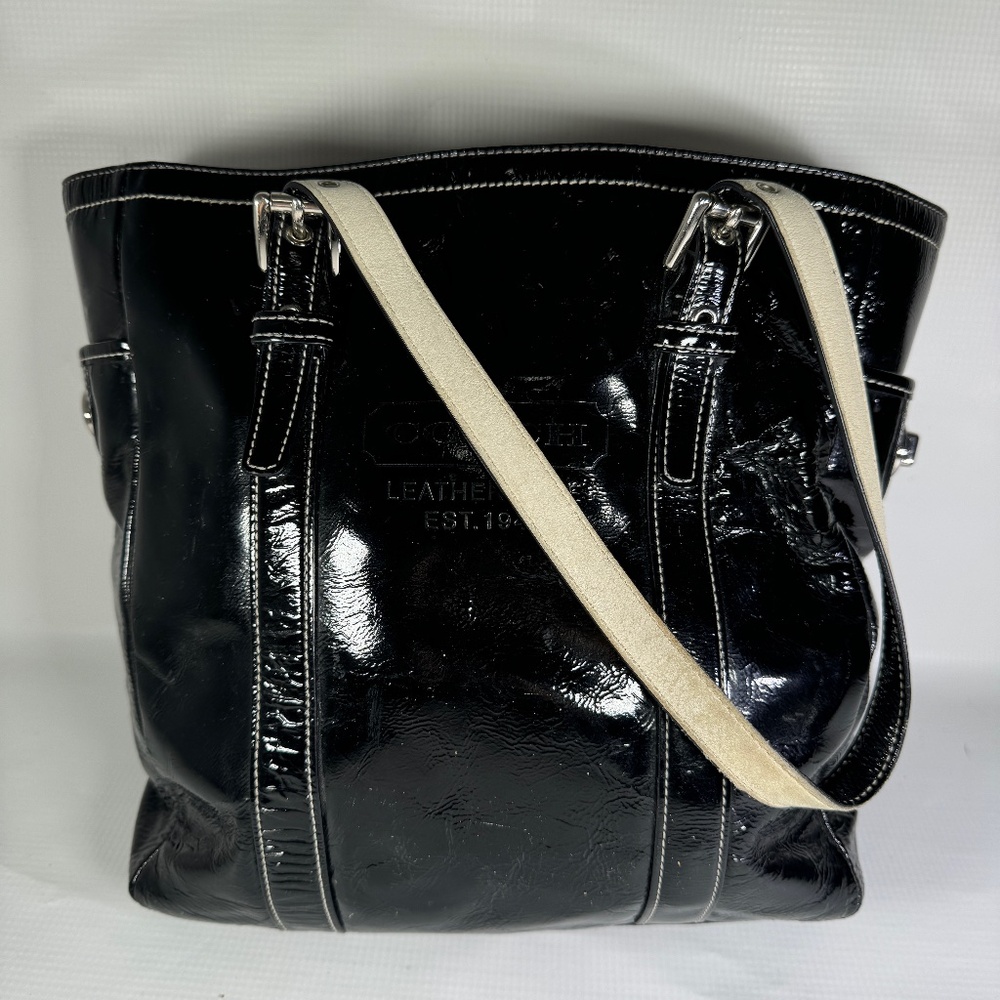 Y2K Style Coach Black Glazed Leather Gallery Lunch Tote Bag